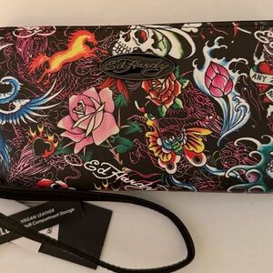 Ed Hardy Black and Pink Graphic Clutch